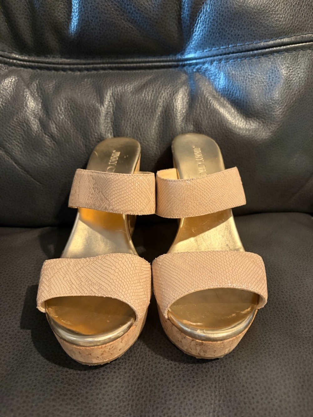 Jimmy Choo Beige Textured Leather Cork Wedge Slides - Picture 9 of 12